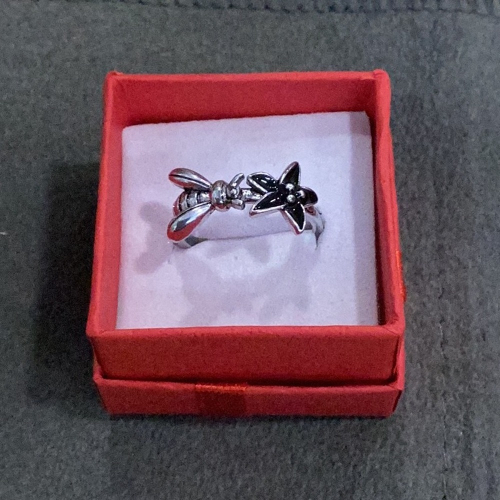 Sterling Silver Bee & Flower Ring Adjustable